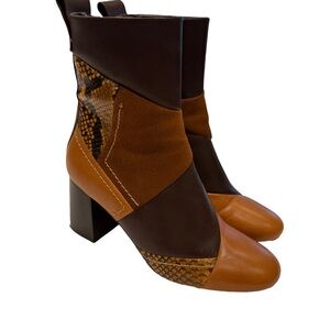 SEE BY CHLOE WOMEN'S BROWN TAN & SNAKE SKIN LEATHER ANKLE BOOTS US 7 EU 37